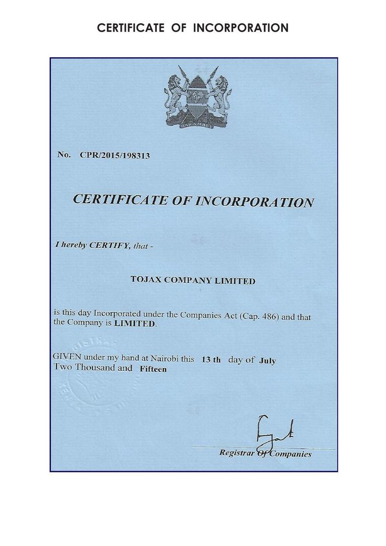 TOJAX Company Ltd Certificate of Incorporation