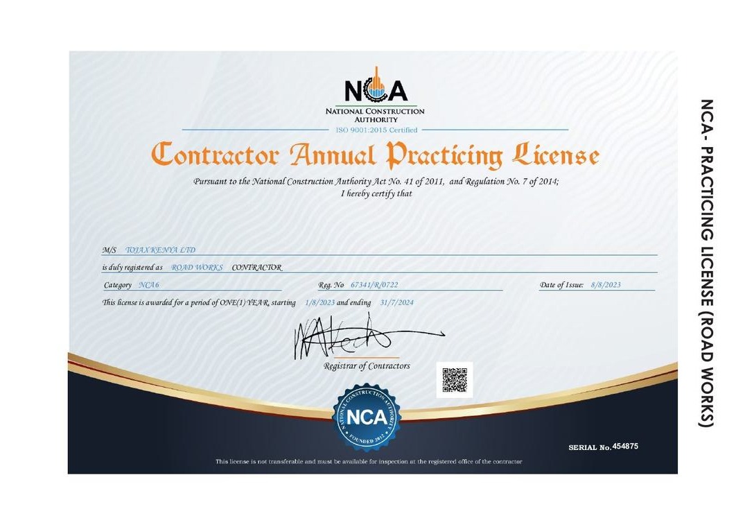 TOJAX Company Ltd NCA Contractor Practicing Licence — Road Works