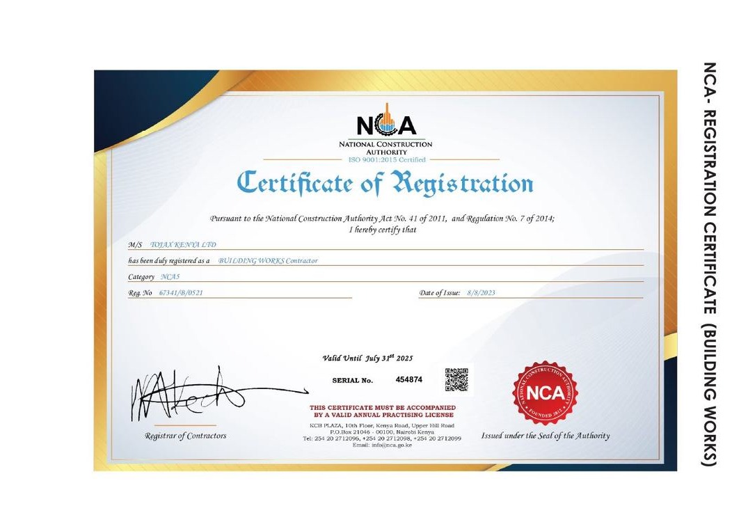 TOJAX Company Ltd NCA Certificate of Registration — Building Works