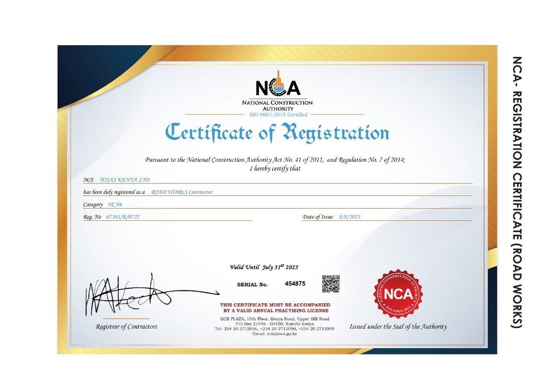 TOJAX Company Ltd NCA Certificate of Registration — Road Works