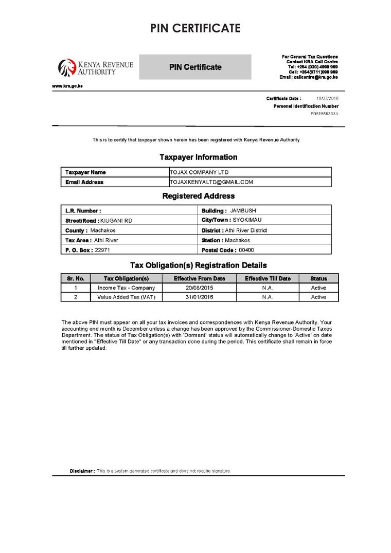 TOJAX Company Ltd KRA PIN Certificate